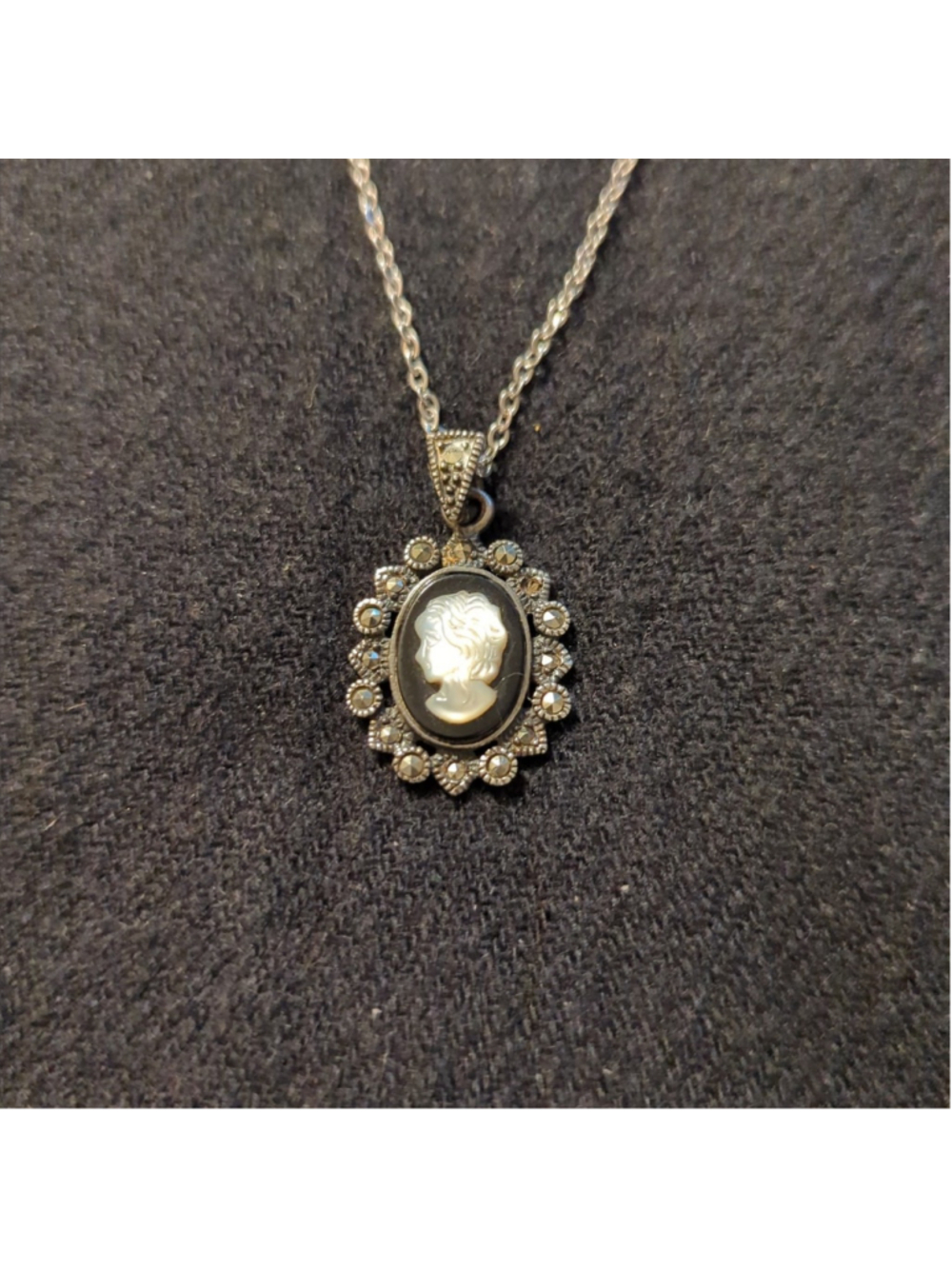 Vintage Sterling Silver Mother of Pearl and Marcasite Cameo Pendant Necklace